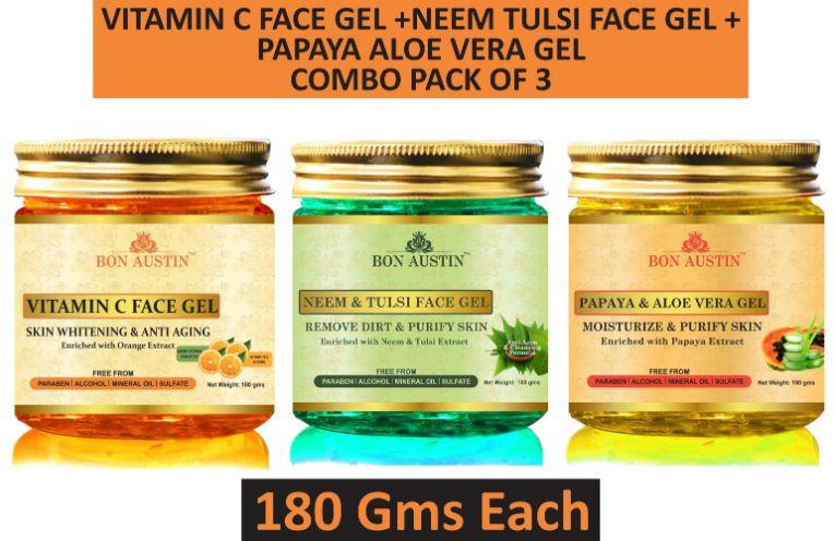 Bon Austin Vitamin C Gel, Neem Tulsi Face Gel & Papaya Aloe Vera Face Gel (Pack Of 3)