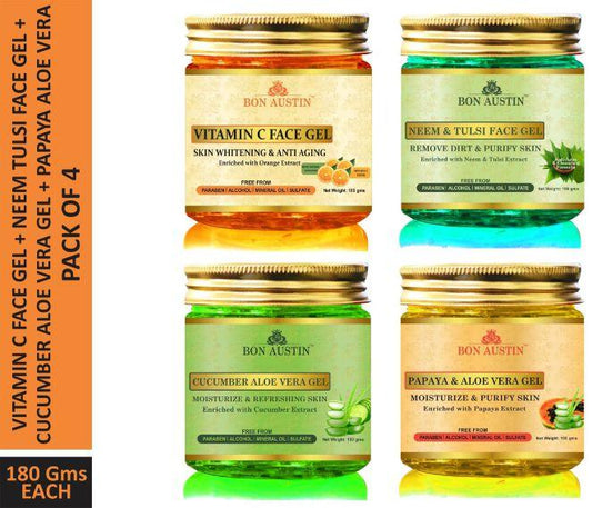 Bon Austin Vitamin C, Neem Tulsi, Cucumber Aloe Vera & Papaya Aloe Vera Face Gel (Pack Of 4)