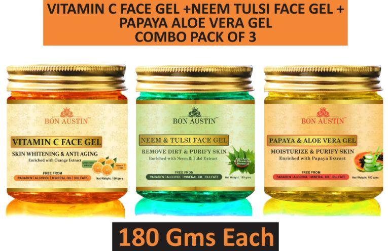 Bon Austin Vitamin C  Gel, Neem Tulsi Face Gel & Papaya Aloe Vera Face Gel (Pack Of 3)